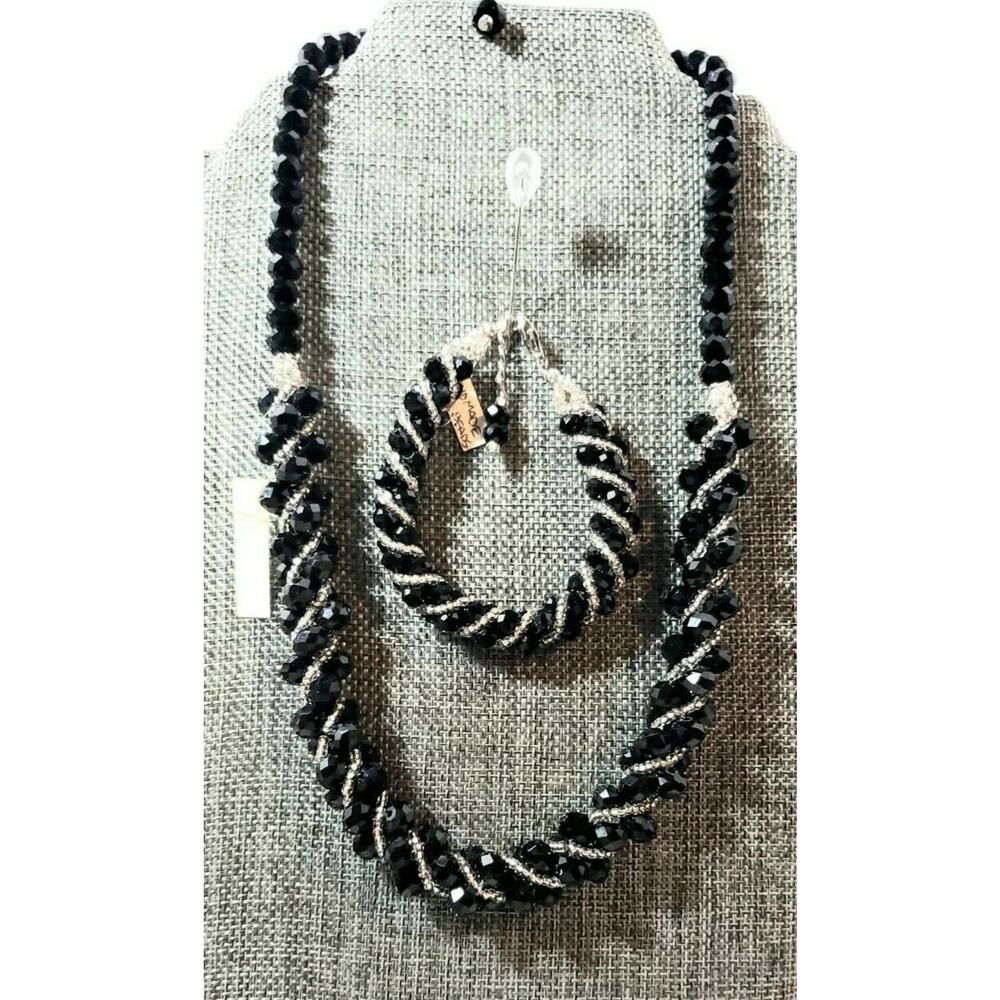 Black Crystal Necklace & Bracelet Set Facted Twist Beaded Glass Christmas Party